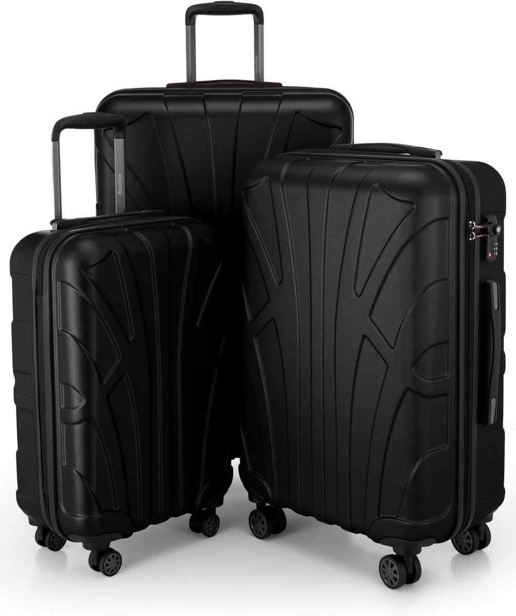 SnelShoppen - Kofferset 3-delig ABS Hard Shell Handbagage 55cm Medium 66cm Large 76cm Uitbreidbaar met TSA Slot 4 Dubbele Wielen Zwart