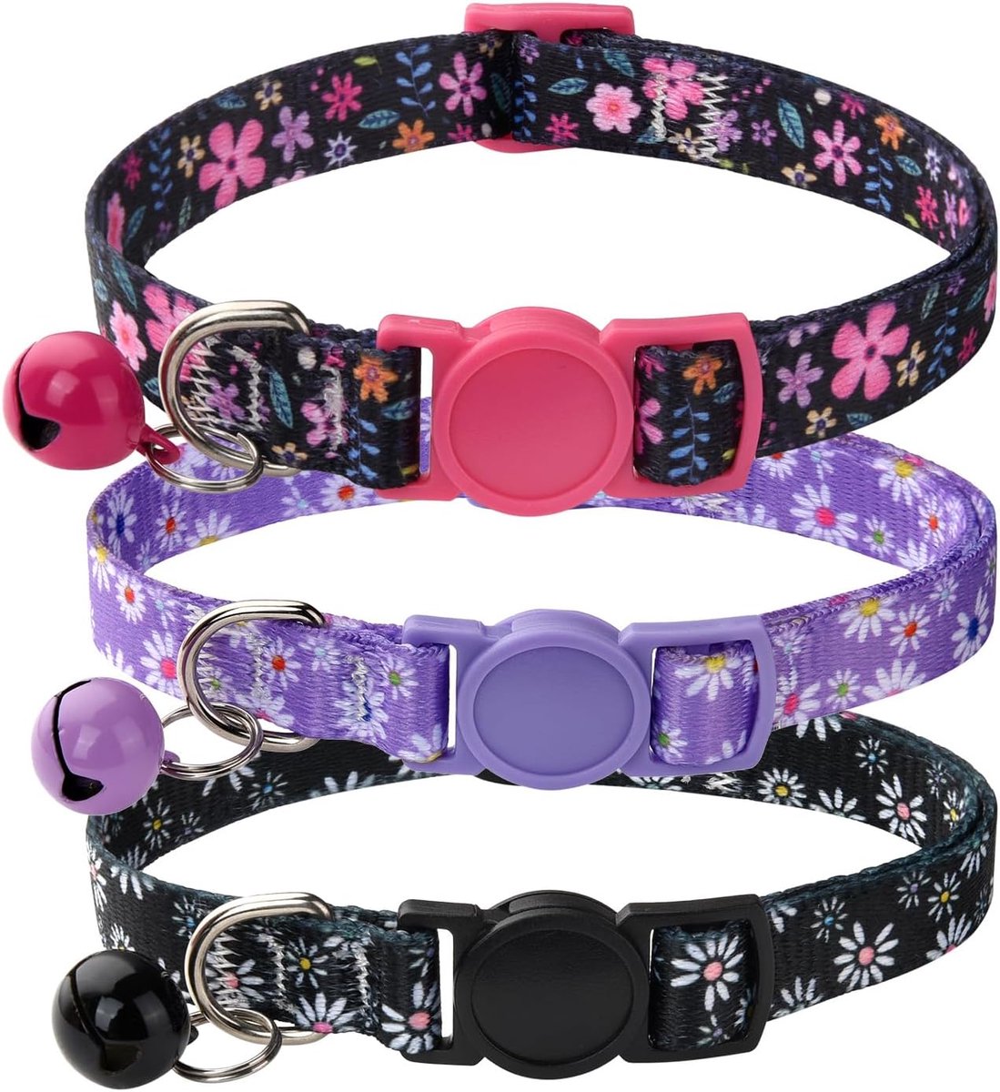 SnelShoppen - Kattenhalsband met Veiligheidssluiting en Belletjes, 3-Pack Bohemian Bloemen Design, Verstelbaar 19-30cm, Zacht en Veilig voor Katten