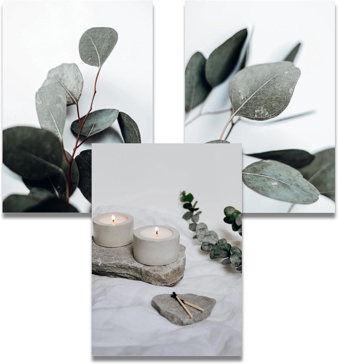 Posterset met lijst - Wandafbeeldingen boho - Moderne sfeer creëren - Hoogwaardig premium papier - 3 x A4 - Eucalyptus groen