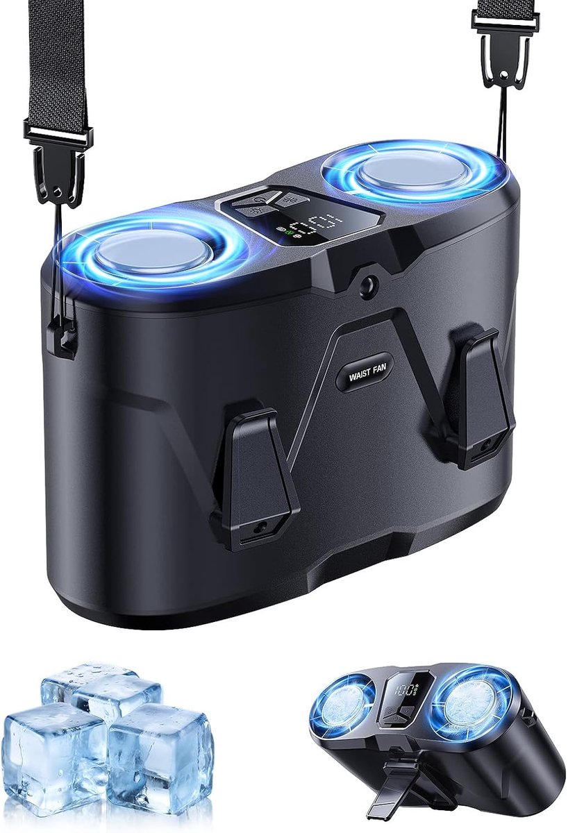 Oplaadbare clip-on tailleventilator met dubbele motor en ijskoeling (25.000 tpm), 10 snelheidsstanden, led-display en zaklamp, handsfree draagbaar voor werk, buiten en reizen – Zwart