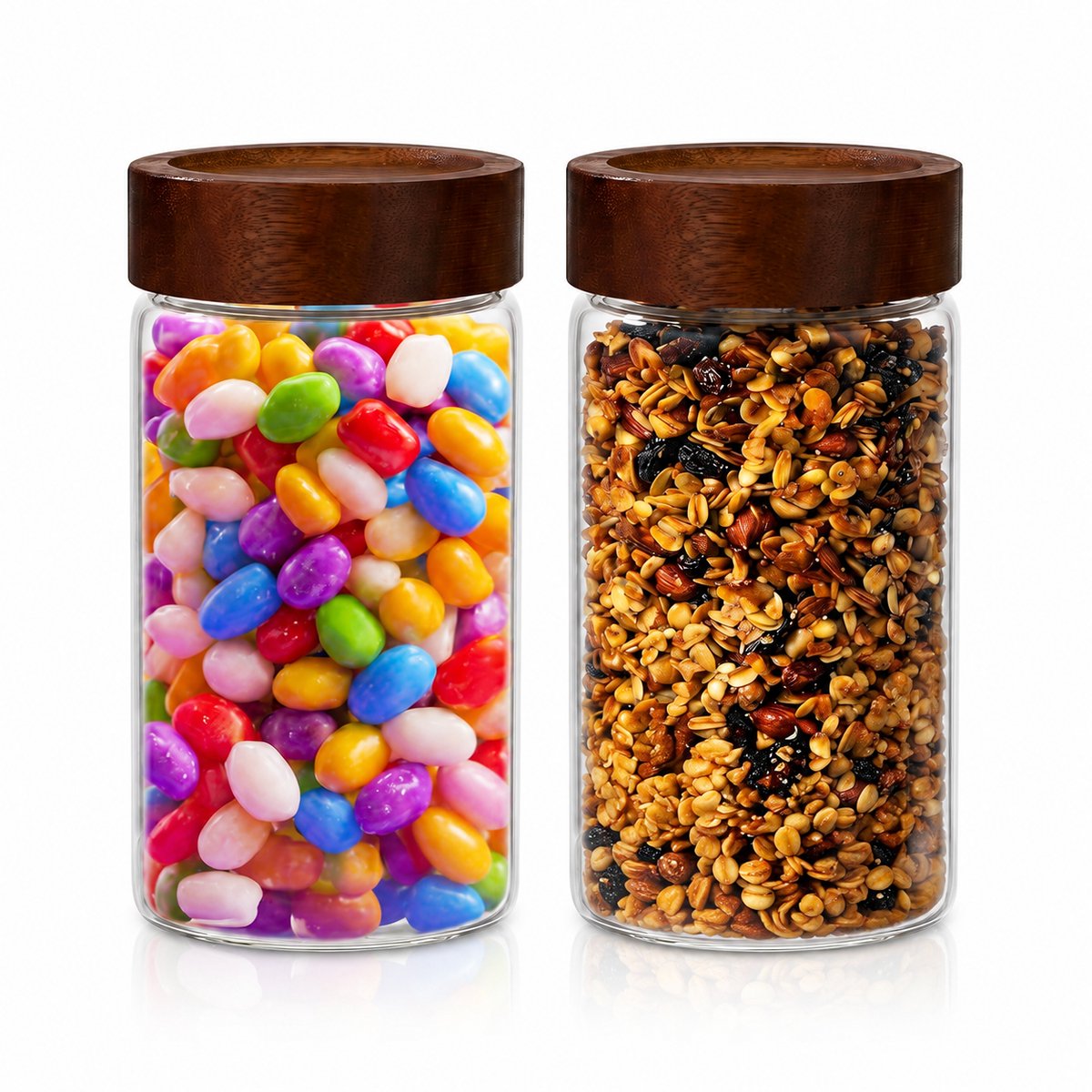 VHV - Voorraadpotten - Glazen voorraadpotten met houten deksel - Borosilicaatglas - Set van 2 - 580 ml - Voor koffie, thee, suiker, kruiden, snoep en koekjes - Transparant