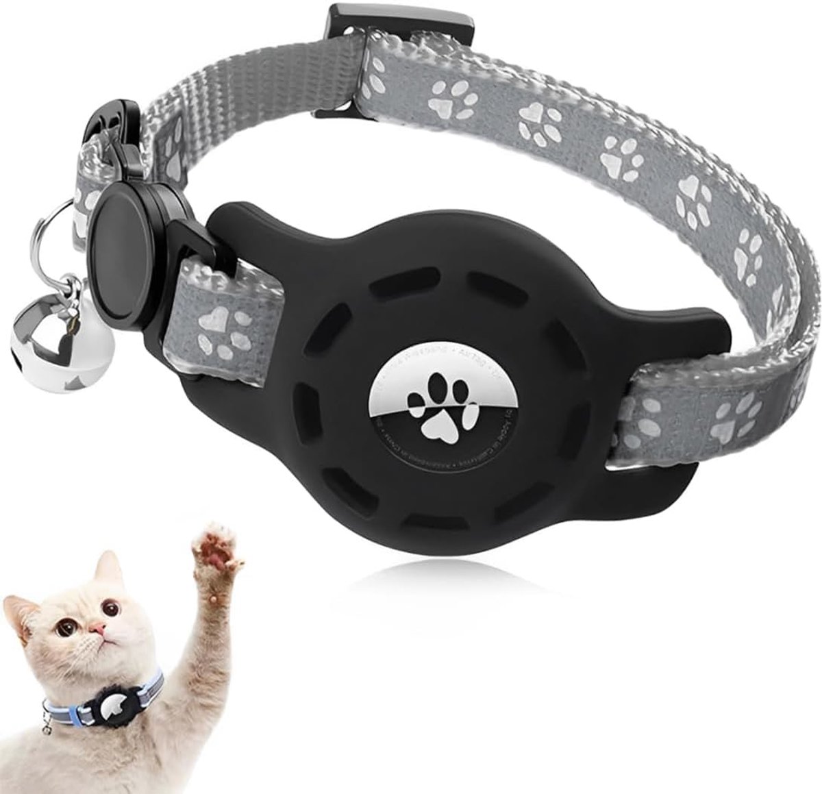 SnelShoppen - Reflecterende Lichtgewicht GPS Tracker Kattenhalsband, Verstelbaar met Snelsluiting en Bel voor Katten en Kittens, Grijs, Perfect voor B