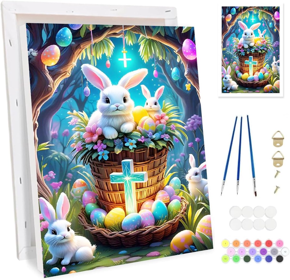SnelShoppen - Schilderen op Nummer voor Volwassenen met Lijst - Pasen Konijn Schilderset - 20x Canvas Kit met Penselen en Acrylverf - Creatieve Hobby