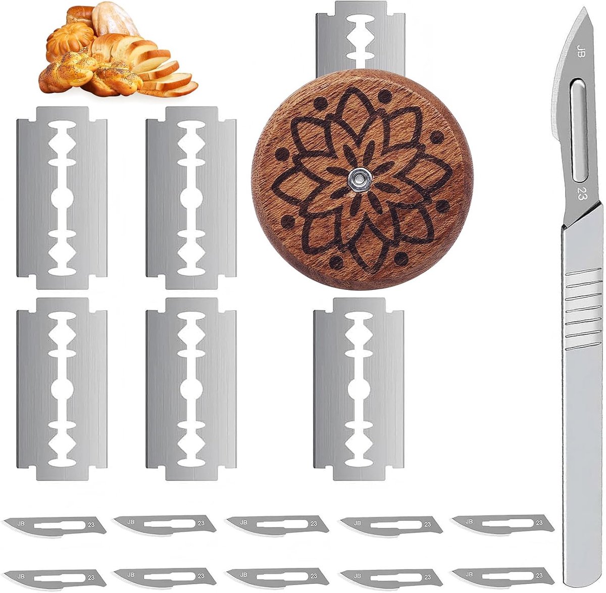 SnelShoppen - 2-delige Deegmes Set voor Bakkers, RVS Deegsnijders met 15 Scheermesjes, Broodsnijmes, Broodsnijdtool voor Bakken en Bakkerij
