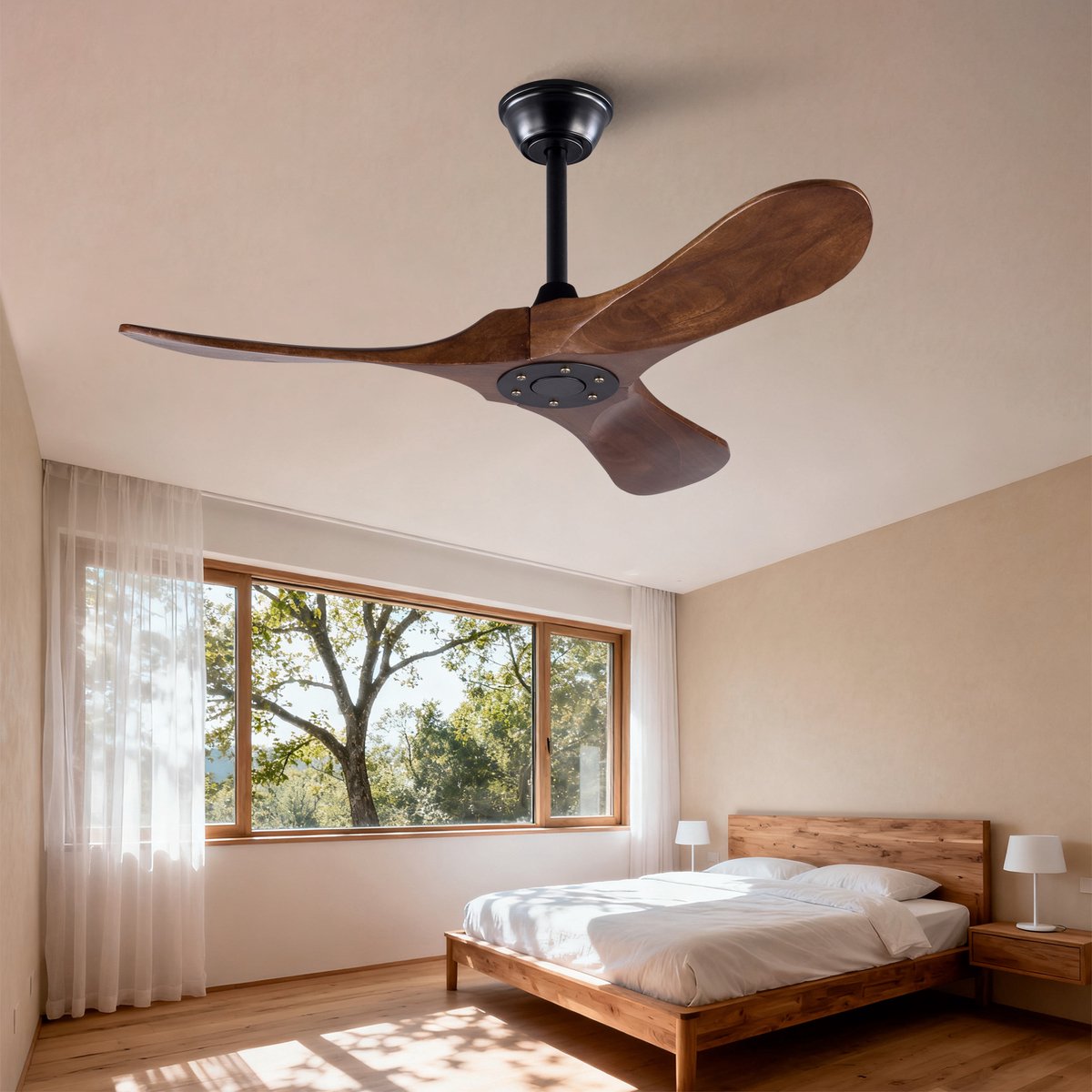 Plafondventilator 42 inch met 3 houten bladen en propellerontwerp - geheugenfunctie - afstandsbediening - geschikt voor binnen en buiten (terras, woonkamer, slaapkamer) - walnoot afwerking - modern design