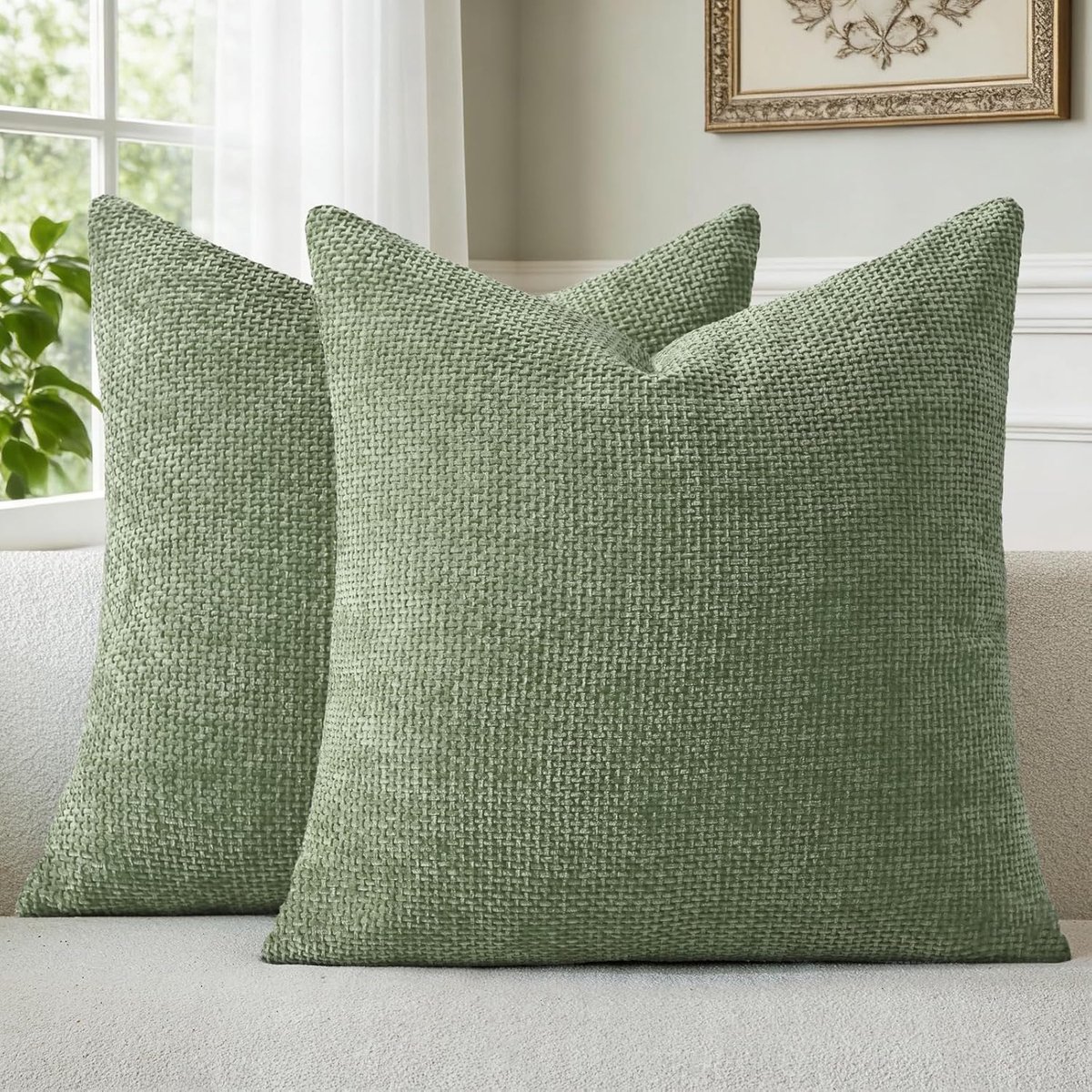 SnelShoppen - Set van 2 Chenille Kussenhoezen Groen 40 x 40 cm - Zachte Fluffy Sierkussens met Verborgen Rits - Wasbare Decoratieve Kussens voor Sofa,