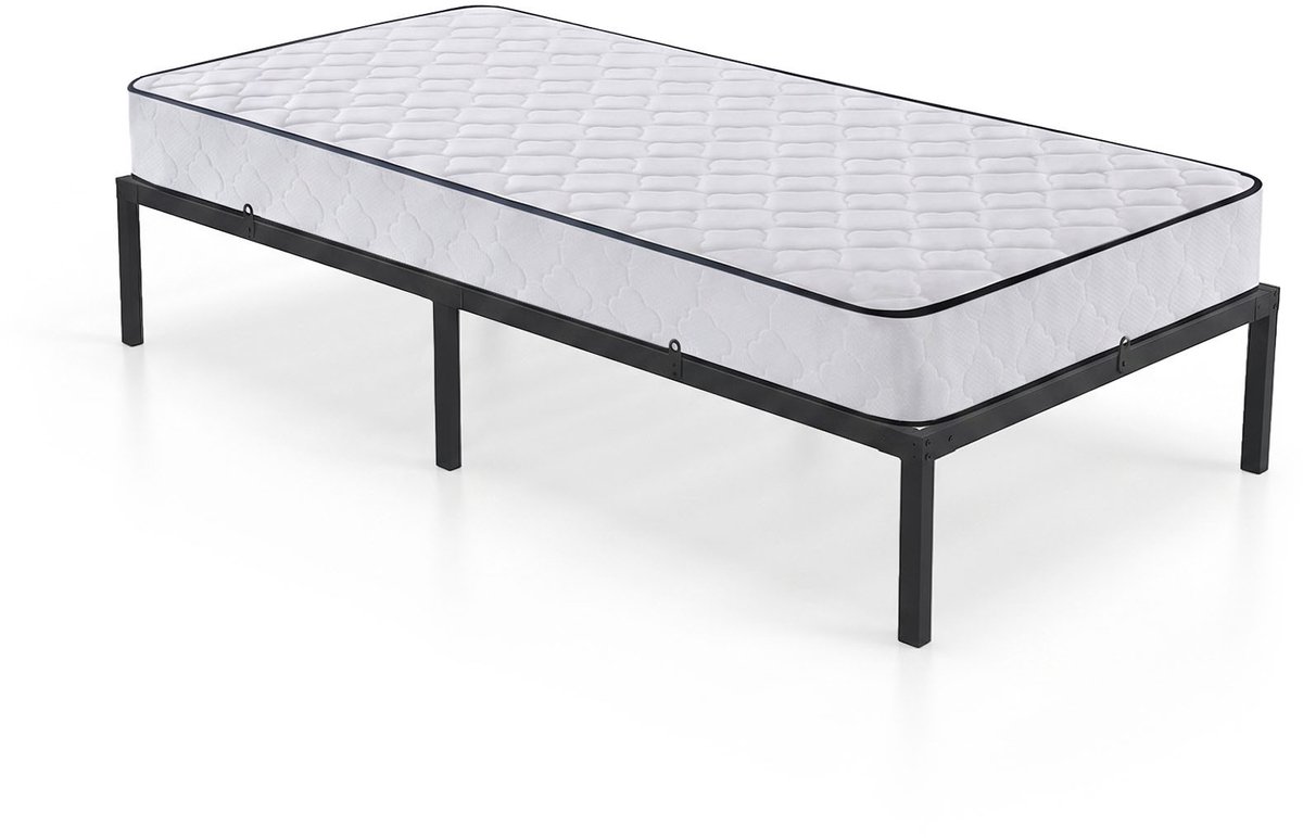 Metalen Bed / met Matras / 90x190 cm / Opklapbaar Logeerbed / Metalen Lattenbodem / 6 Poten / 10 Latten/ Zwart
