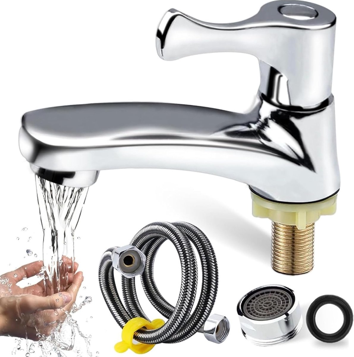 SnelShoppen - Single Koudwaterkraan met Enkelhendel, 60cm Aansluitslang met Filter, Ideaal voor Badkamer, Keuken, Gasten Toilet, Zilver, Duurzaam en K