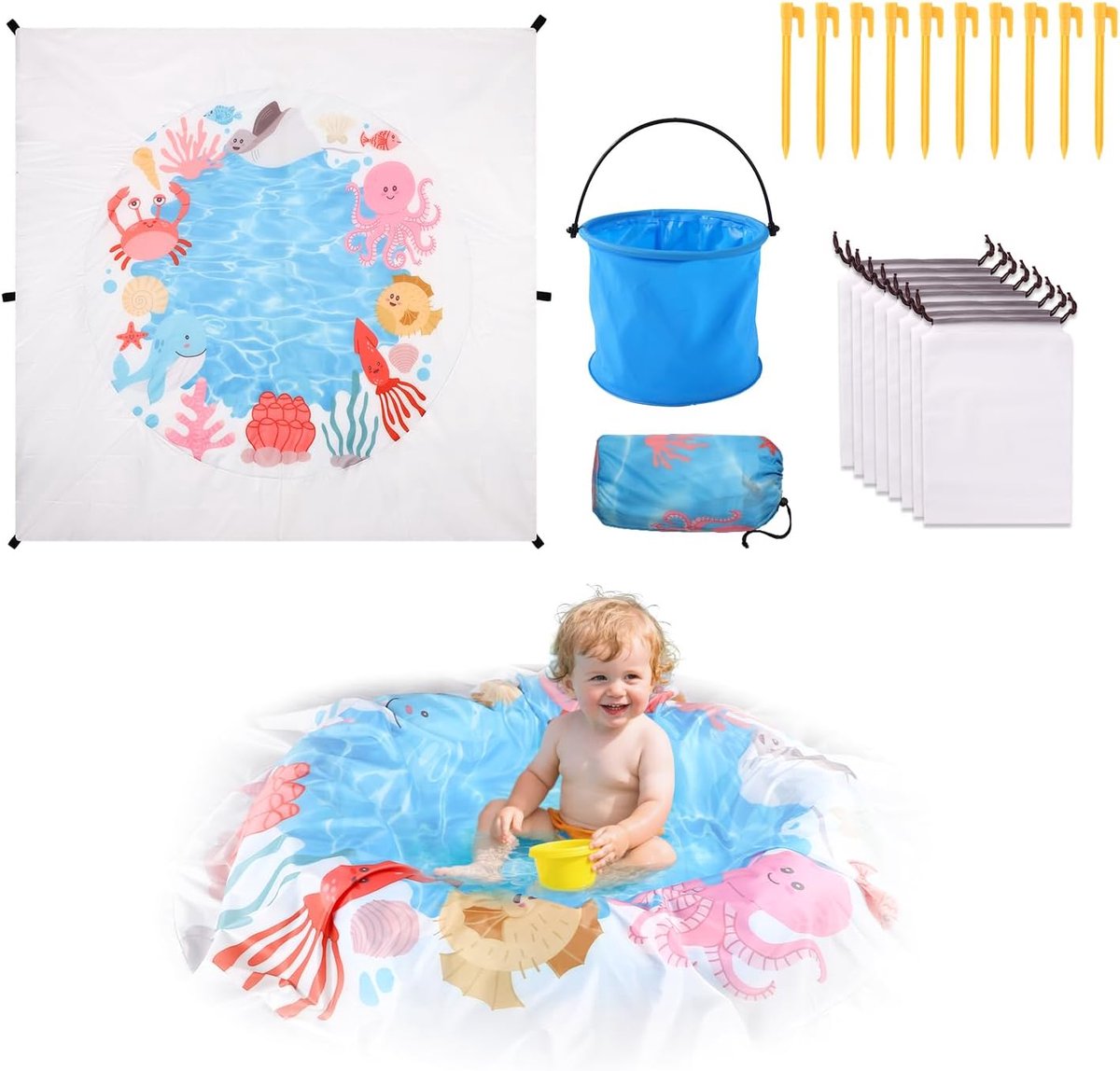 SnelShoppen - Lyreh Baby Beach Pool - Draagbare Polyester Babybadkuip met Cartoon Oceaan Thema, Inclusief PVC Emmer en Praktische Accessoires voor Peu