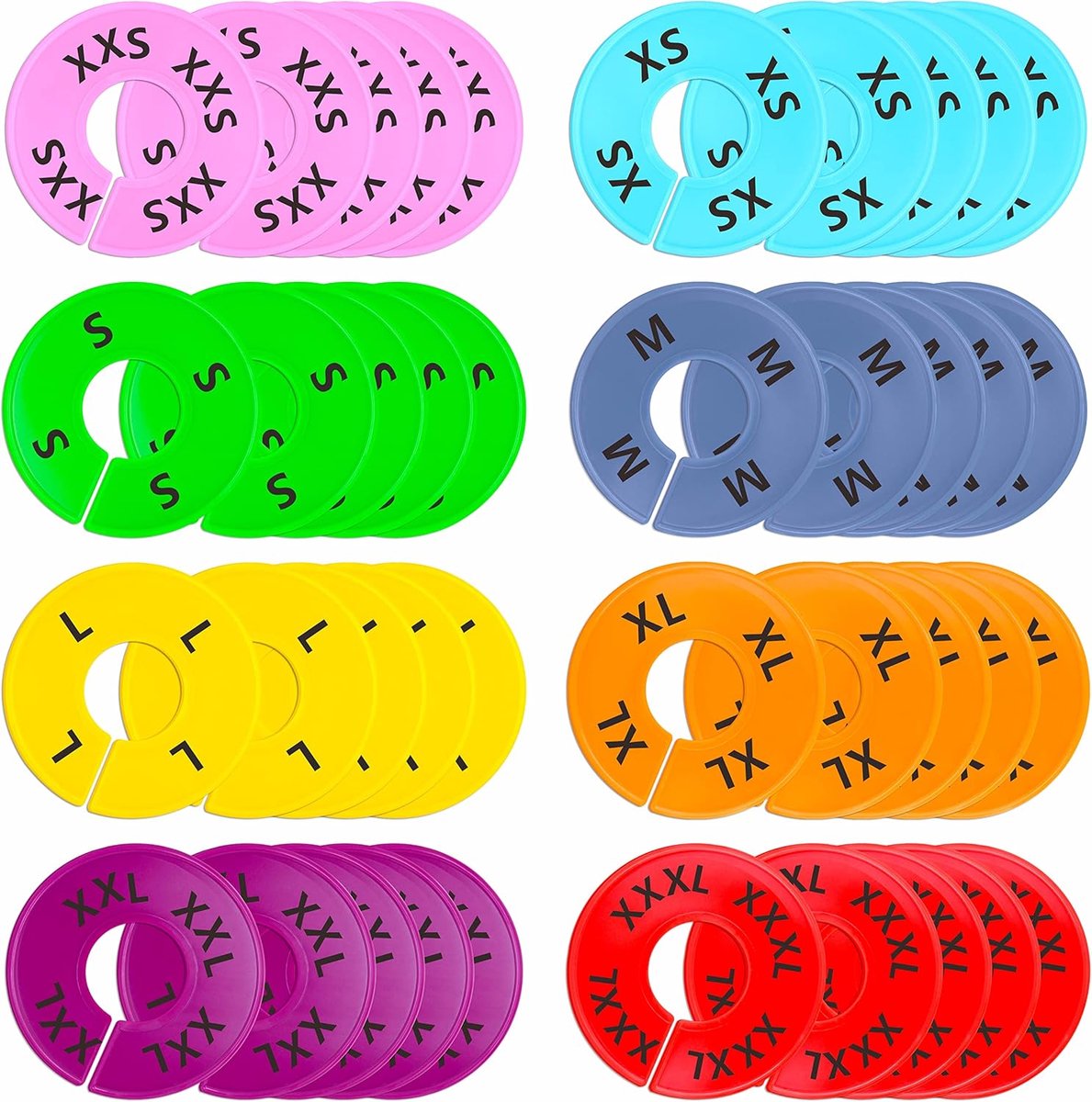 SnelShoppen - Set van 40 Kleurvolle Ronde Plastic Maatverdelers voor Kledingrekken, 8 Vooraf Gedrukte Maten XXS, XS, S, M, L, XL, XXL, XXXL (Buitendia