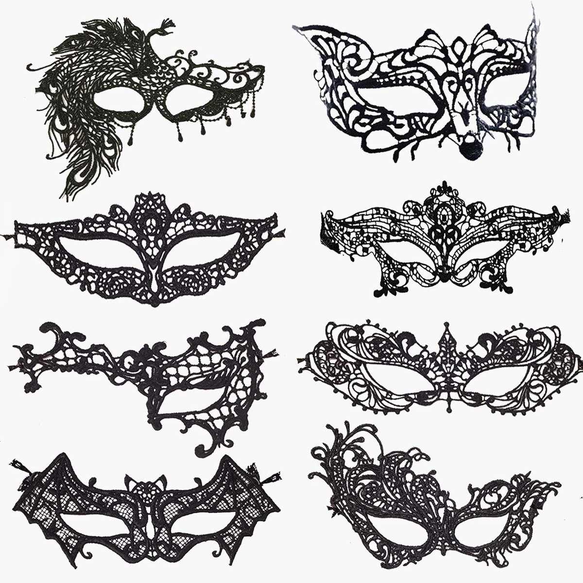 SnelShoppen - Venetian Mask Set van 8 - Zwarte Kanten Oogmaskers met Elastische Band voor Vrouwen - Perfect voor Feest, Carnaval, Masquerade Ballen en