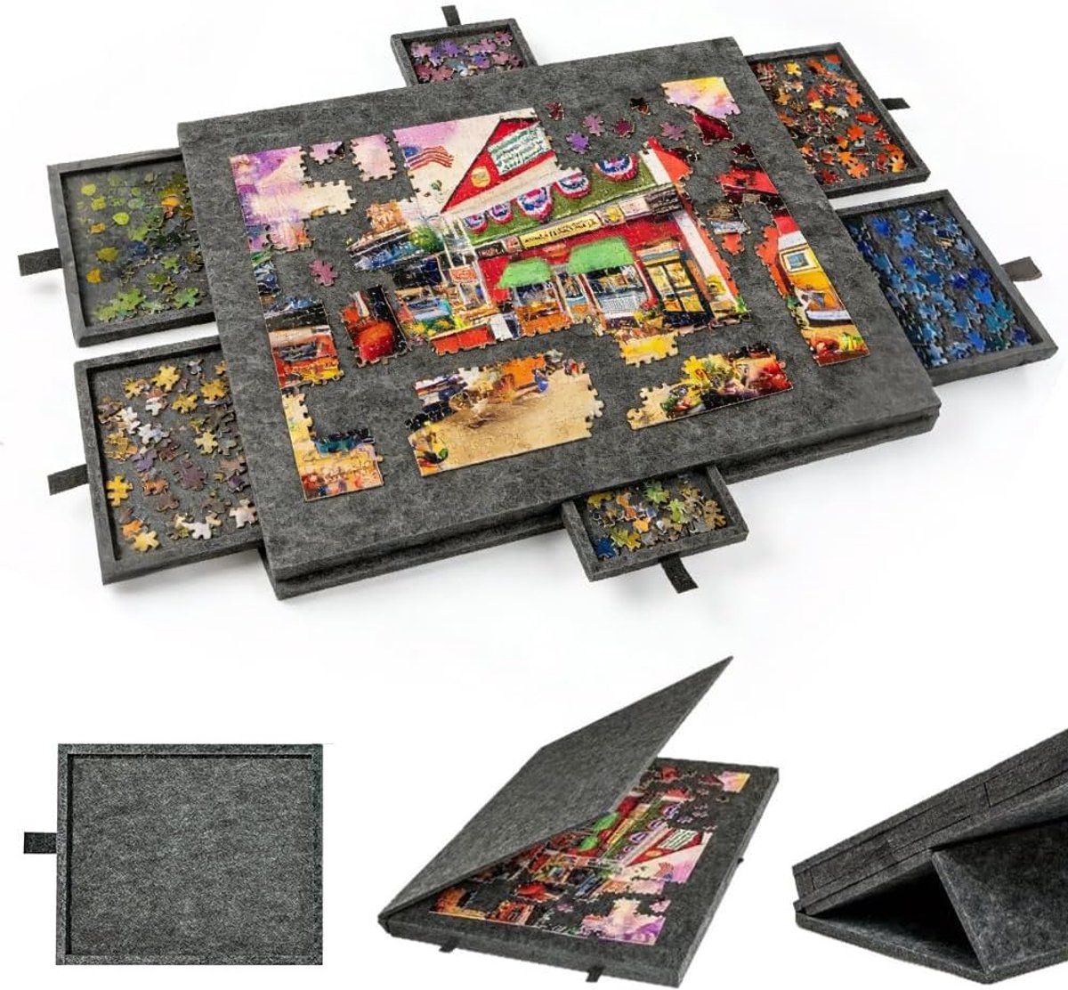 SnelShoppen - Opvouwbare Puzzeltafel met Afdekking - Lichtgewicht Vilten Puzzelplaat voor Maximaal 1000 Stukjes - Inclusief 6 Sorteertray - Perfect vo