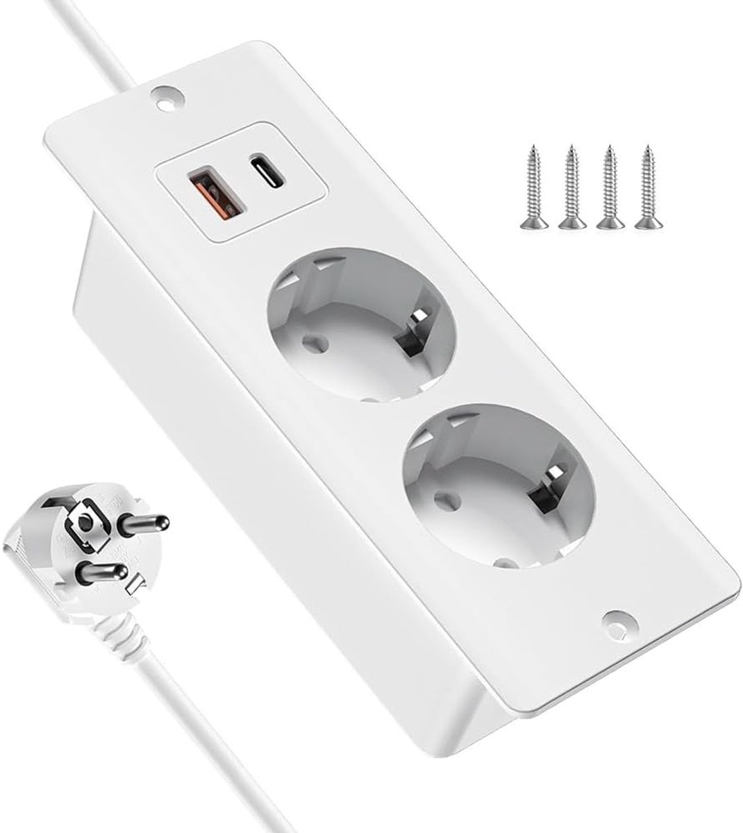 Stopcontact met USB - Verstekker Bureau - Apparaten Laden - Inbouw Model - 2 Meter Kabel - Wit