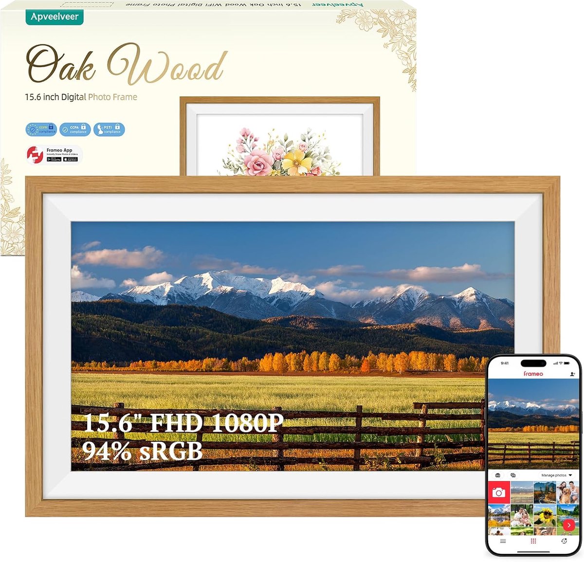 SnelShoppen - 15.6 Inch WiFi Digitale Fotolijst 94% sRGB Oak Hout, 32GB Geheugen, 1920x1080 FHD IPS Touchscreen, Delen van Foto's en Video's via Frame