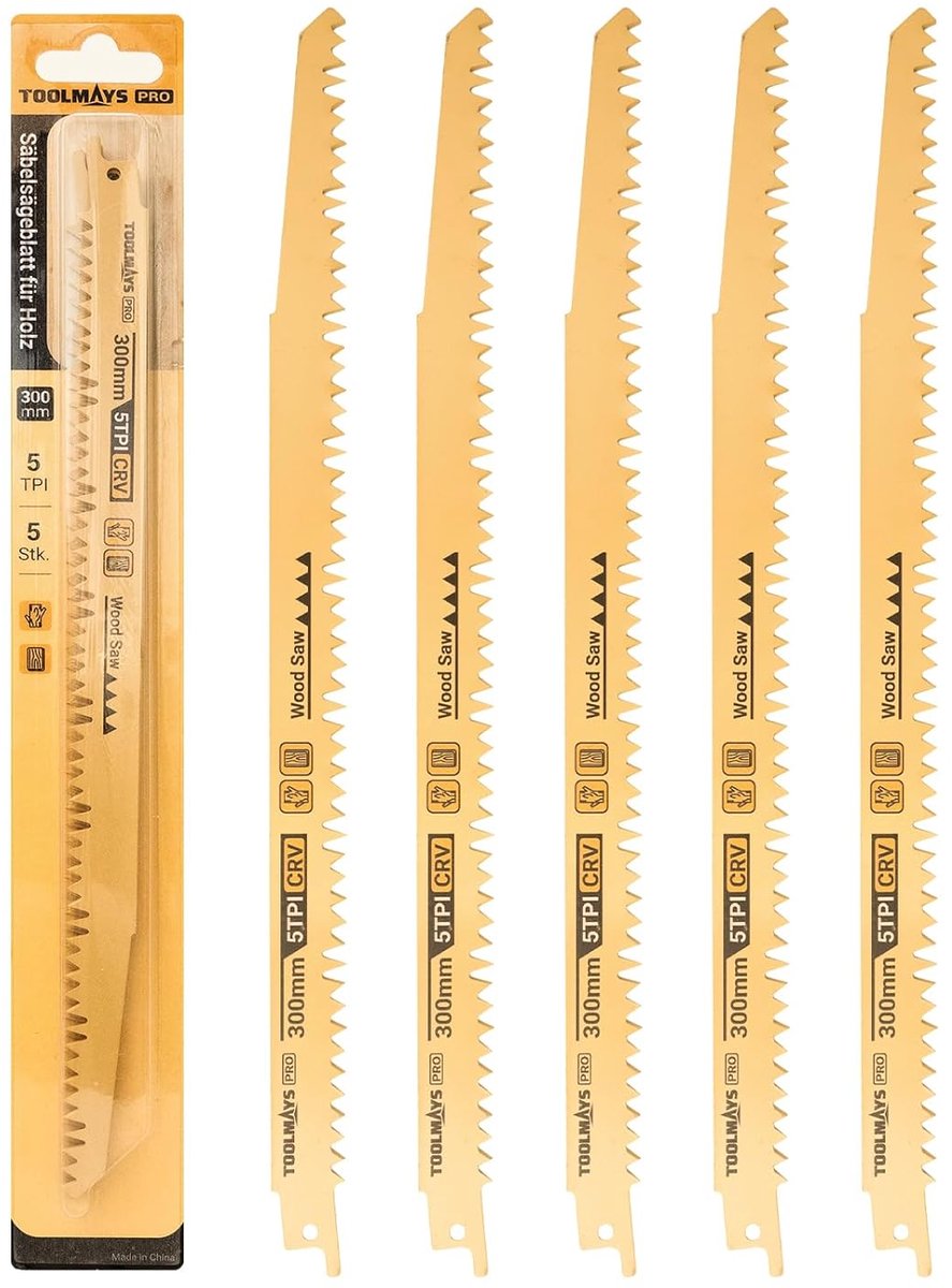 SnelShoppen - 5 Stuks Reciprocating Saw Blades voor Hout 300mm 5TPI Set - Hoogwaardige Zaagbladen voor Hout, Vochtige Hout, Boom Snoeien