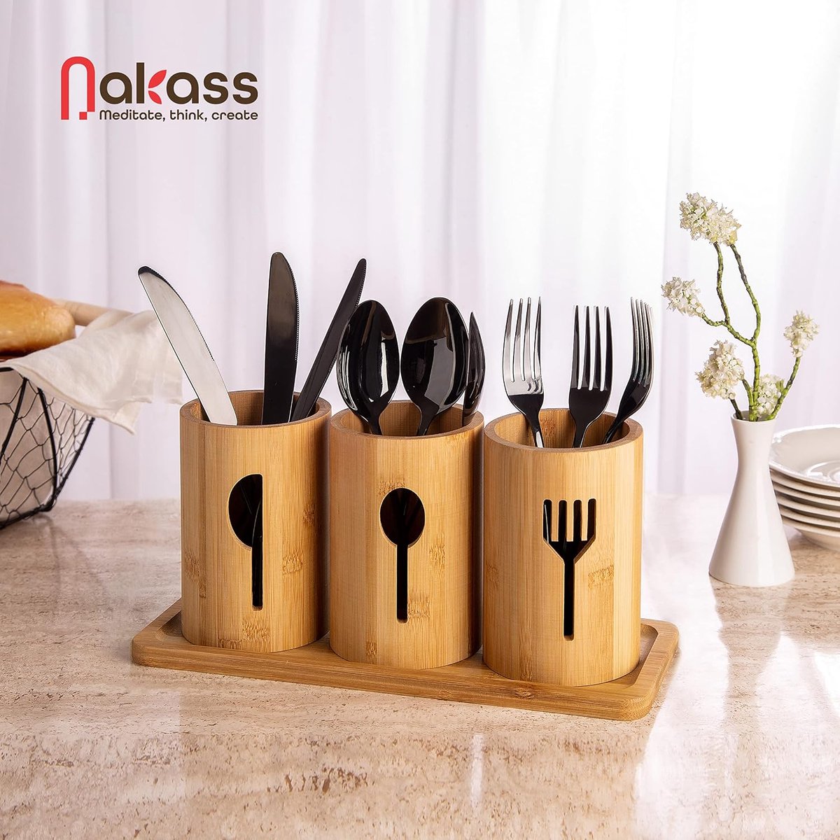 SnelShoppen - Bamboo Cutlery Holder 4-delige Houten Bestek Organizer voor Keuken, Bestekstandaard, Dining Table Decoratie, Houten Basis Keuken Organiz