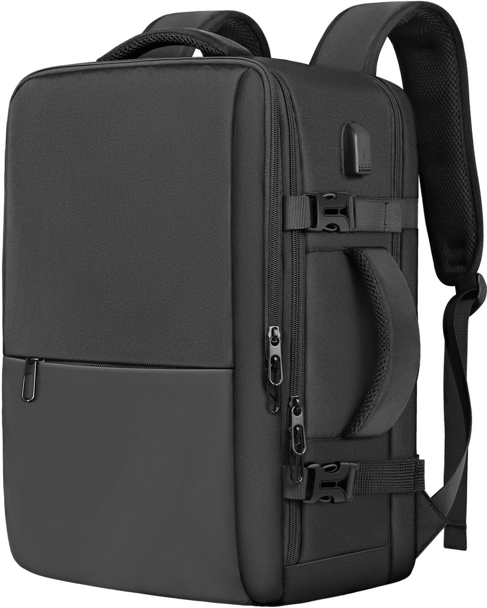 SnelShoppen - Reisrugzak Handbagage 40x20x25 cm, 45L Inhoud, Laptopvak 15.6 inch, USB-oplaadpoort, Waterdicht Nylon, Ideaal voor Reizen, Zwart, L