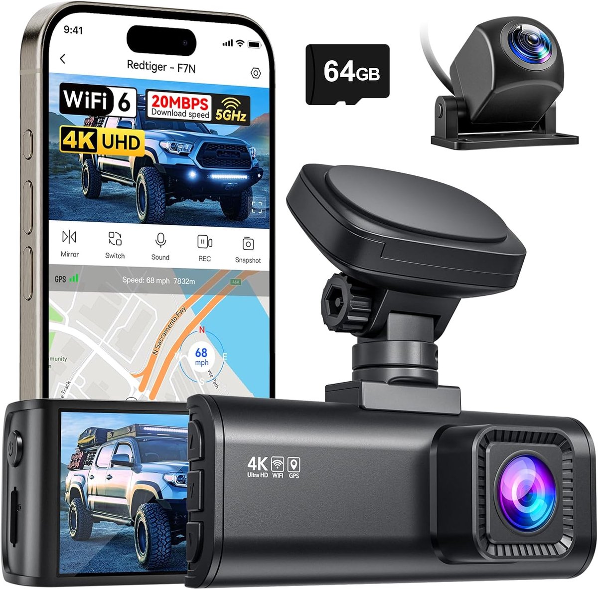 SnelShoppen - 4K Dual Dash Cam met Ingebouwde WiFi en GPS, 170° Groothoek, 3,18" Display, 256GB Ondersteuning, Achtercamera 1080P, Ideaal voor Auto's