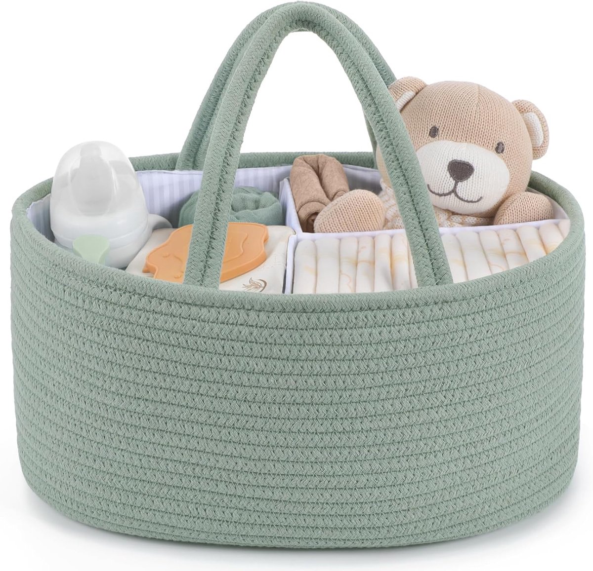 SnelShoppen - Maliton Luiercaddy, Draagbare Baby Opbergmand van Katoenen Touw met Afneembare Compartimenten, Groene Luier Organizer voor Pasgeborenen