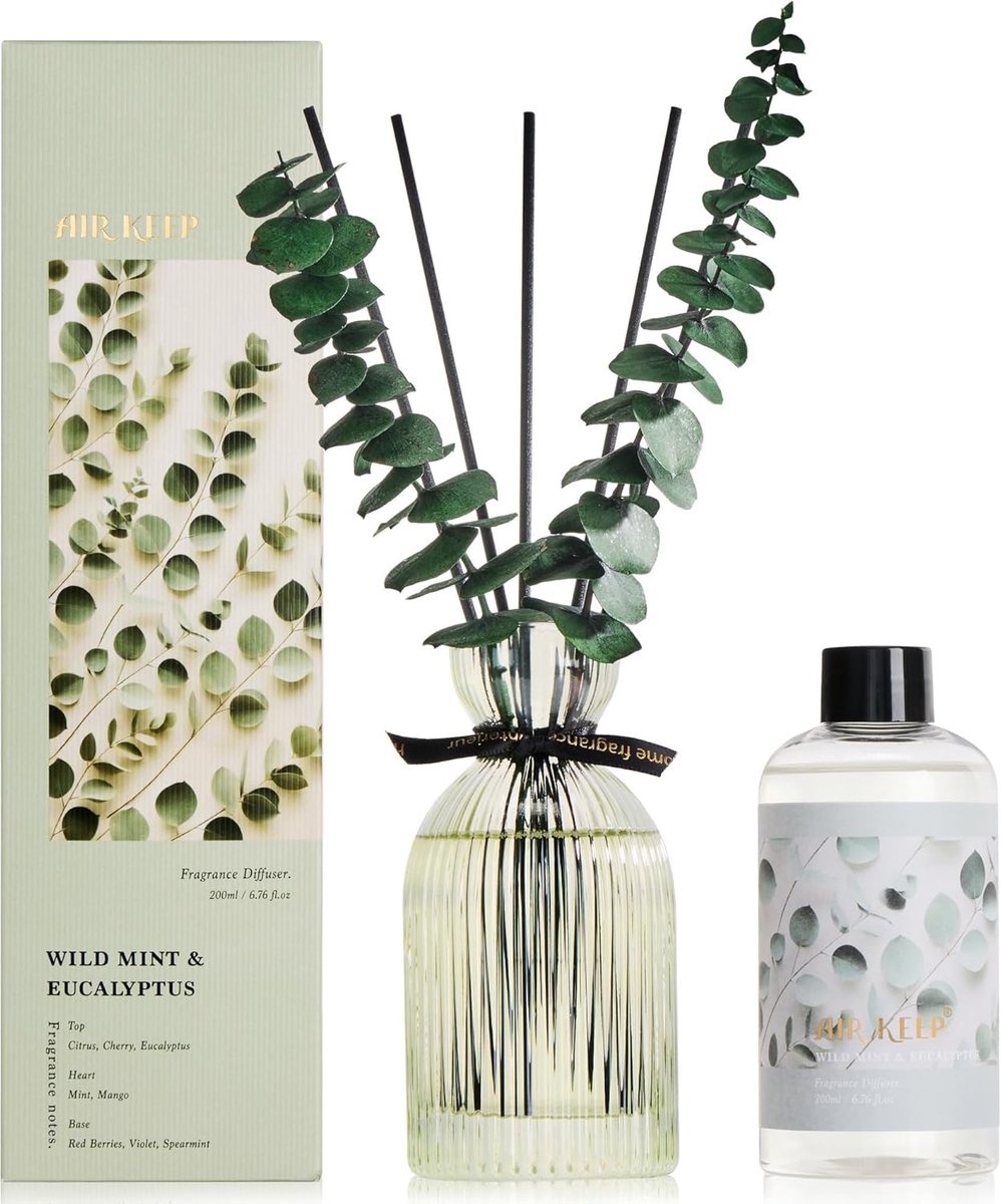 SnelShoppen - Geurdiffuser voor Thuis 200 ml - Wild Mint & Eucalyptus - Huisparfum met Geurstokjes en Decoratieve Glazen Fles - Perfect voor Badkamer,