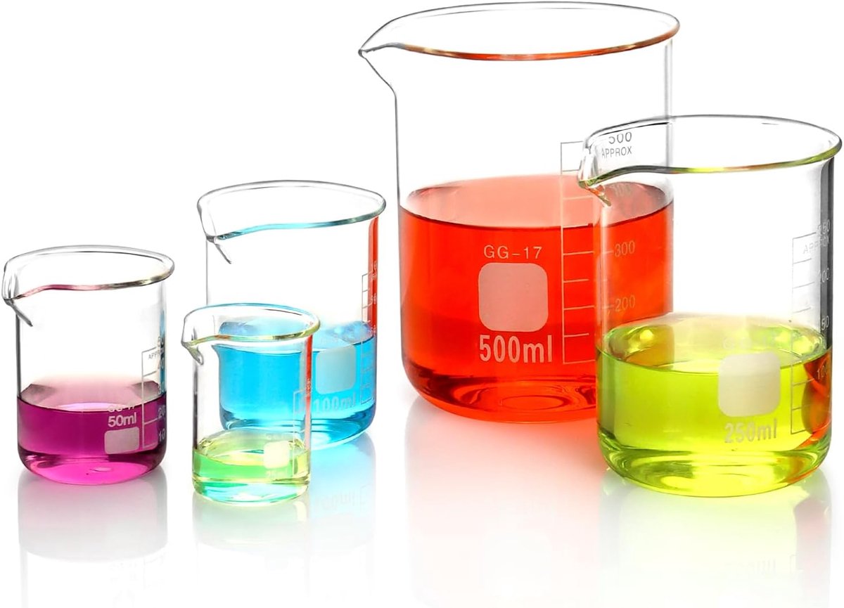 SnelShoppen - Glazen maatbekers set van 5, 25 ml, 50 ml, 100 ml, 250 ml, 500 ml met maatverdeling voor laboratorium, keuken en koken, ideaal voor prec