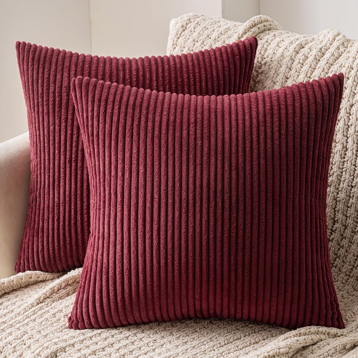 SnelShoppen - 2-delige set ribstof kussenhoezen 45x45 cm, wijnrood, decoratieve sierkussens met verborgen ritssluiting, voor bank, woonkamer, slaapkam