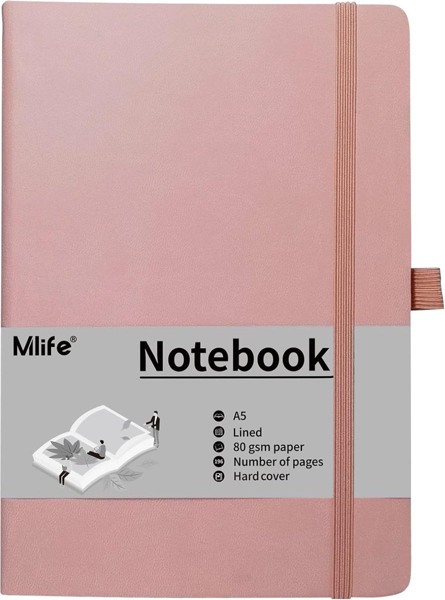 SnelShoppen - Mlife A5 Notitieboek Roze, Hardcover Met Elastische Sluitband, 192 Pagina's, Gelinieerd, Met Penlus, Bladwijzerlint & Binnenzak