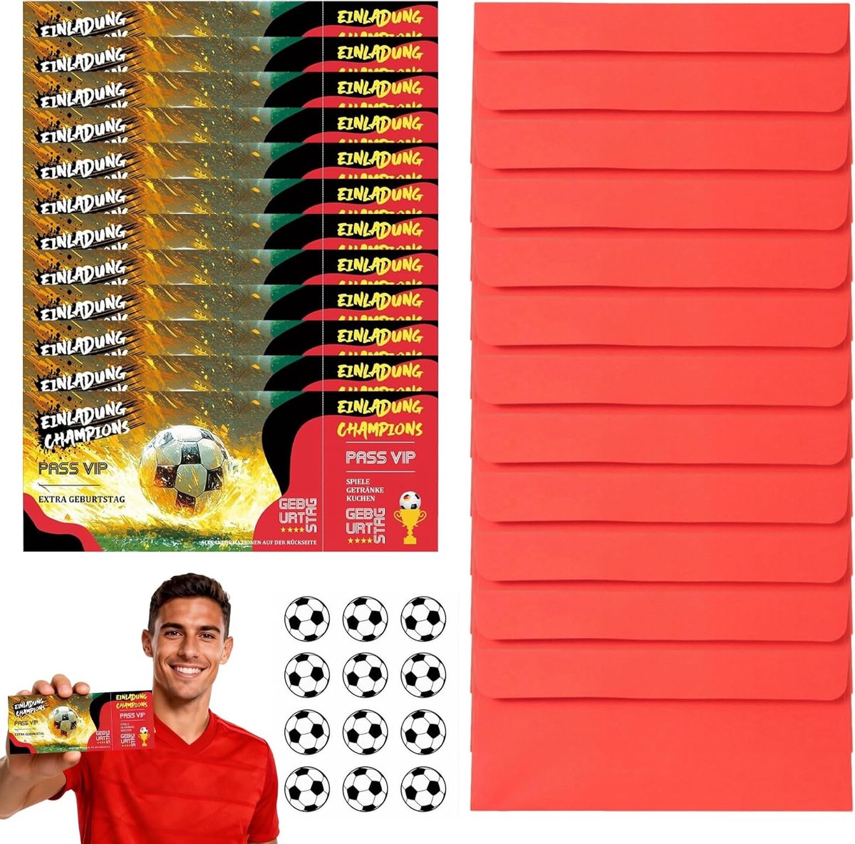 SnelShoppen - Voetbaluitnodigingskaarten Verjaardag 12 Stuks met Enveloppen Rood Voetbal Thema 18x7 cm voor Jongens Feestje Club School