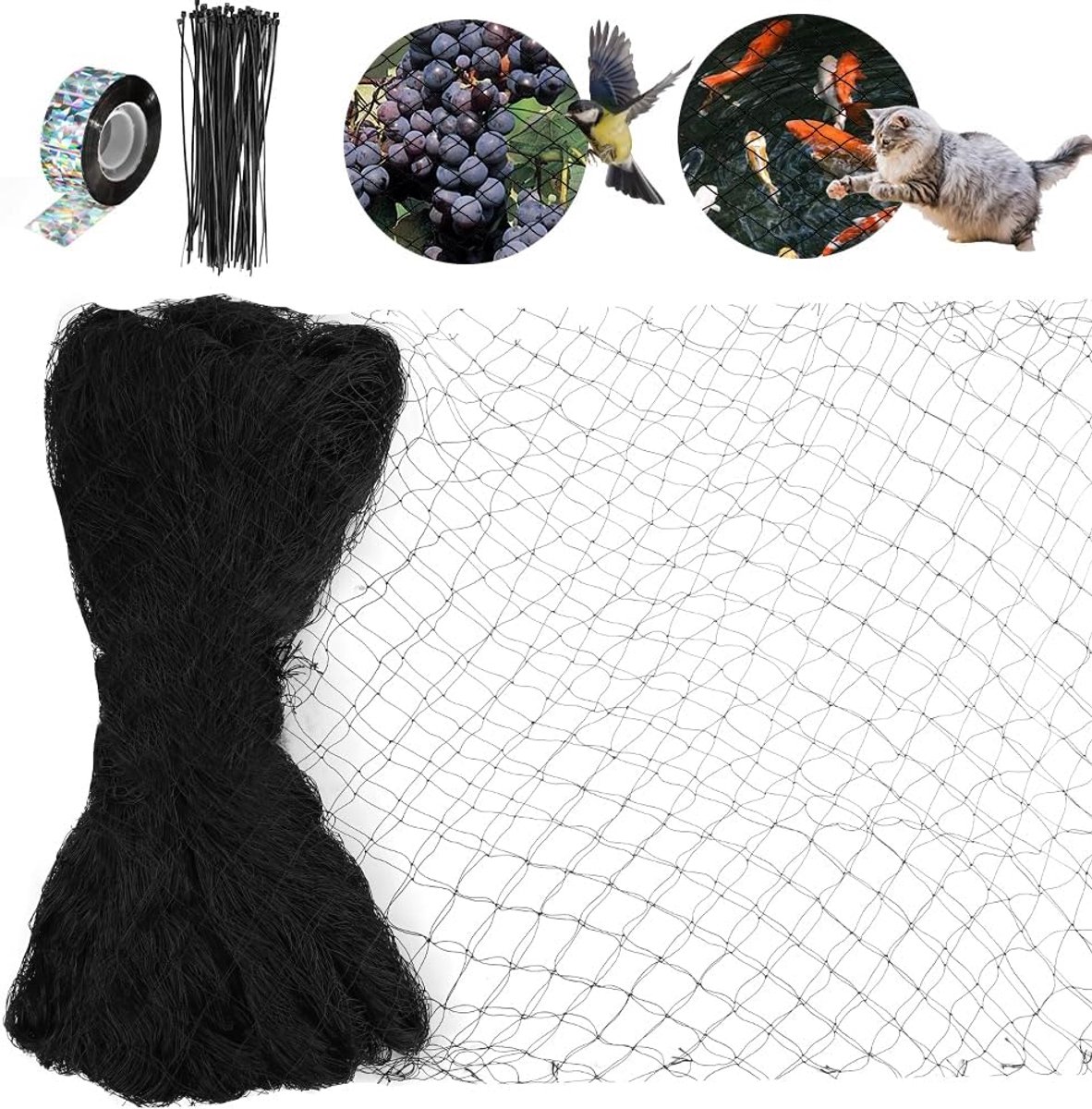 SnelShoppen - Tuingaas voor Planten en Groenten, 7,5 x 15 m, Extra Sterk Anti-Vogelnet, Zware Kit met 50 Kabelbinders, Reflecterende Tape voor Tuin en