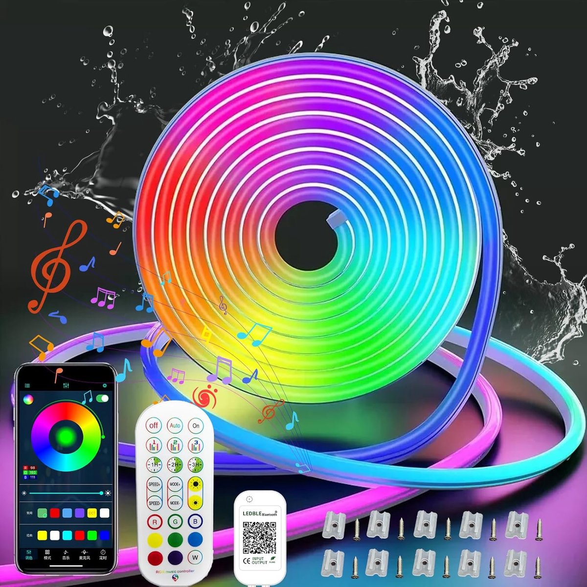 SnelShoppen - 15m RGB LED-strip met 1080 LED's, App & Afstandsbediening, Muzieksynchronisatie, Waterdicht Neon LED-striplicht voor Feesten, Tuin, Keuk