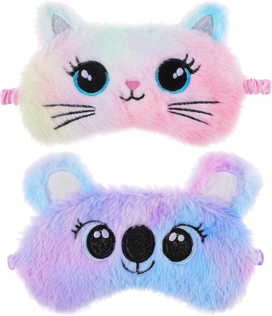 SnelShoppen - 2 Stuks Pluche Slaapmasker voor Kinderen - Kleurrijk Zacht Slaapoogmasker - Schattige Dieren Blinddoek - Oogmasker voor Slapen - Satijn