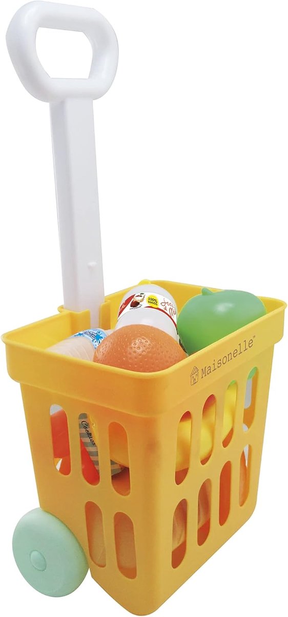 SnelShoppen - Winkelwagen met Uittrekbare Handgreep, 14 Delen met Fruit, Groenten, Brood, Dozen en Flessen - Ideaal voor Kinderen, Feesten en Buitensh