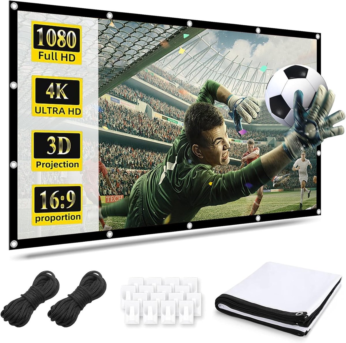 SnelShoppen - 100 Inch Projectiescherm | 220 x 125 cm 16:9 | 4K HD Vouwbaar en Wasbaar Projectiescherm, Anti-Vouw, Geschikt voor Kantoor, Camping, Thu