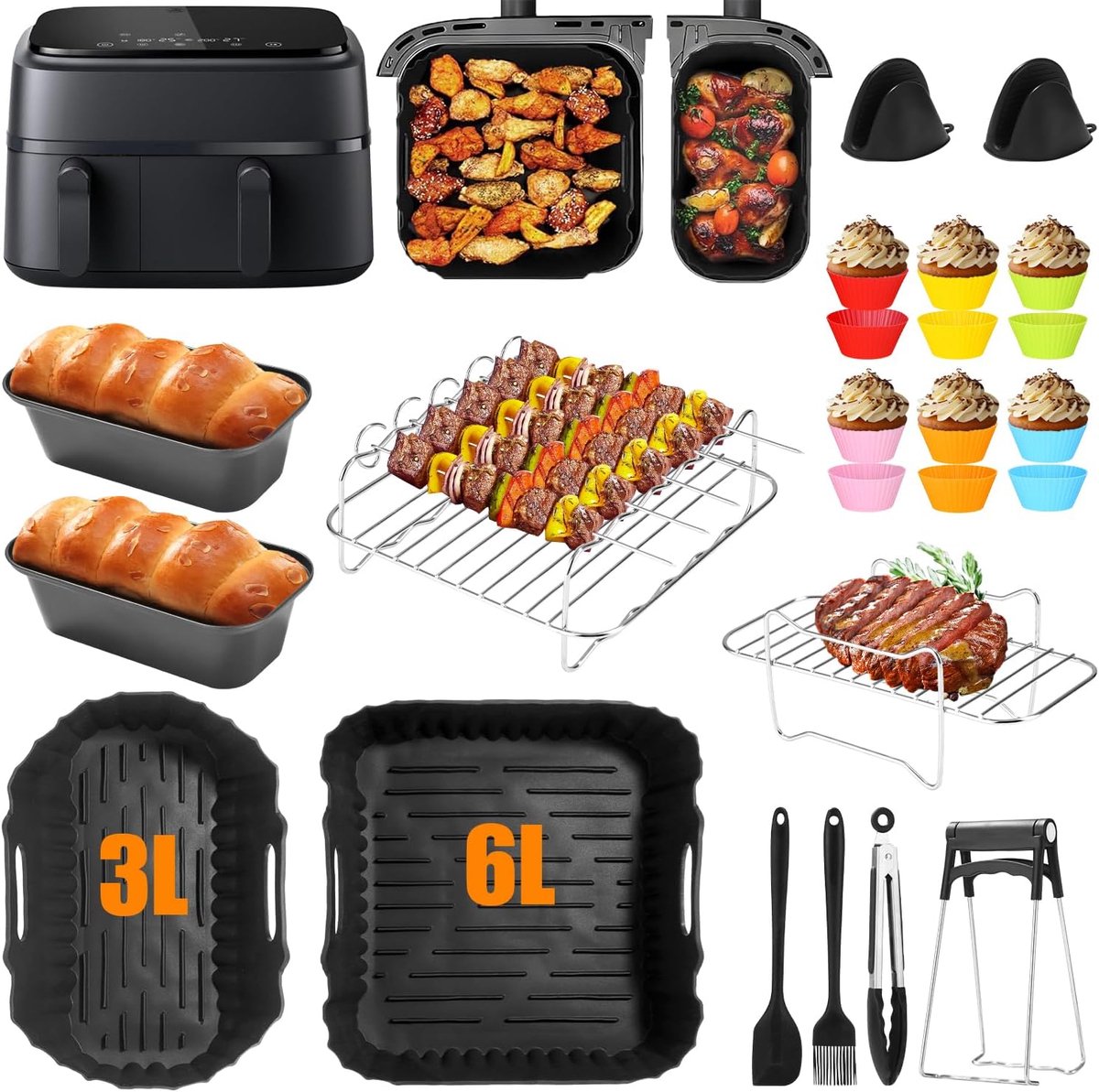 SnelShoppen 29 Stuks Airfryer Accessoires Set Siliconenvormen Taartvorm Broodvorm Grillrooster voor Philips Airfryer 3000 5000 Series 6L 3L K