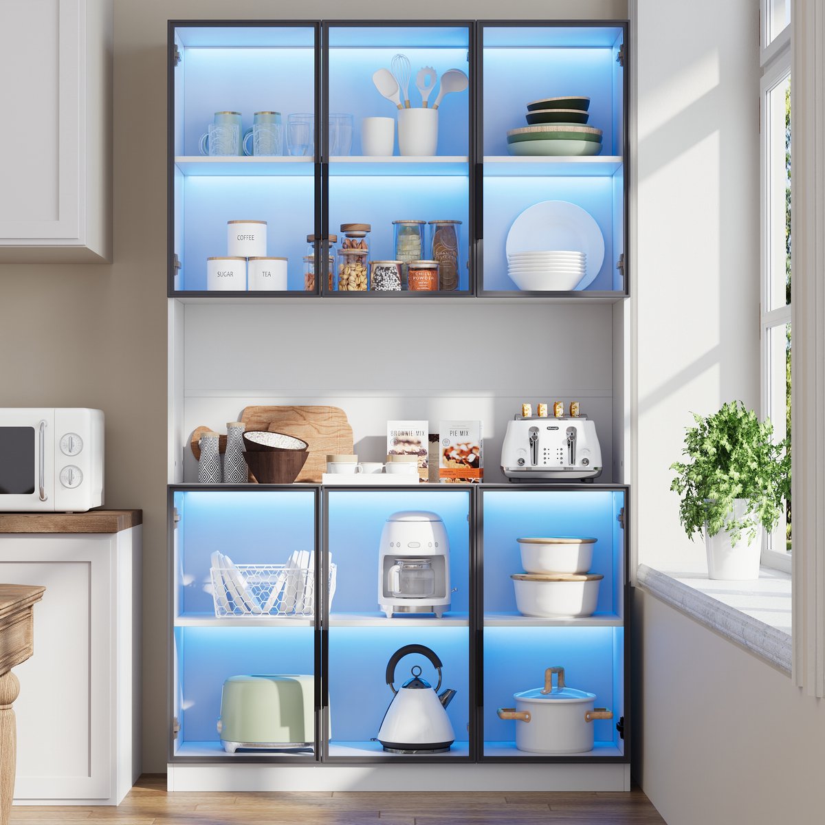 Wishdor - Kast - Vitrinekast met 6 glazen deuren en LED-verlichting - modern staand opbergmeubel voor woonkamer of winkelruimte - houtlook wit - 120 x 34 x 200 cm