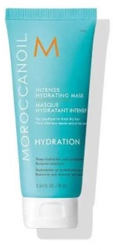 Turquoise Moroccanoil tube met oranje "M" logo. "Intense Hydrating Mask" staat op de tube.