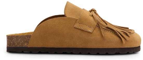 Sacha - Dames - Taupe suède clogs met franjes - Maat 37