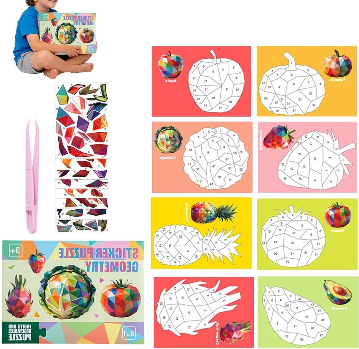 Zelfklevende Puzzelboeken - Mozaïek Stickers - Creatief Knutselen - Genummerde Combinaties - 8 Stuks - Groenten Fruit