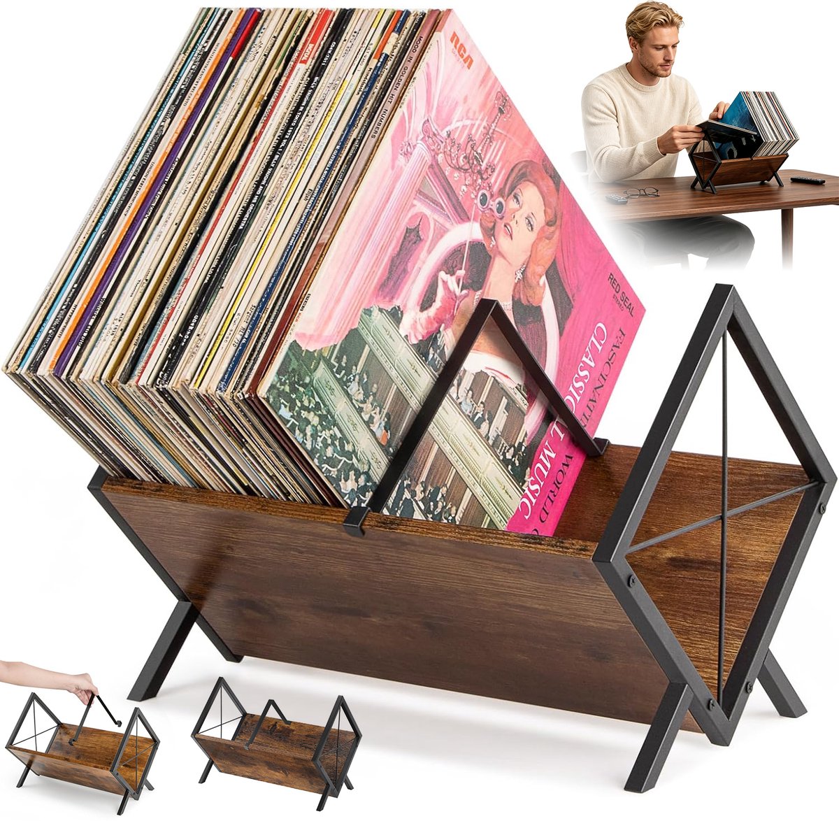 Platenrek - Vinylplatenrek - Retro IJzer & Hout - 80-100 Vinylplaten Capaciteit - Verstelbare Planken & Antislip Rails - platen en tijdschriften - woonkamer en studeerkamer