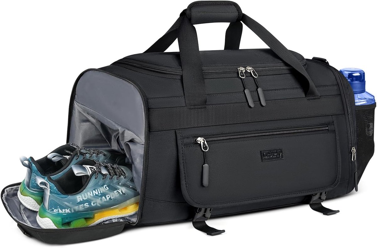 SnelShoppen - Sports Gym Bag met Schoencompartiment en Natvak, 55L Waterdichte Sporttas voor Mannen en Vrouwen, Zwart, Ideaal voor Zwemmen en Reizen