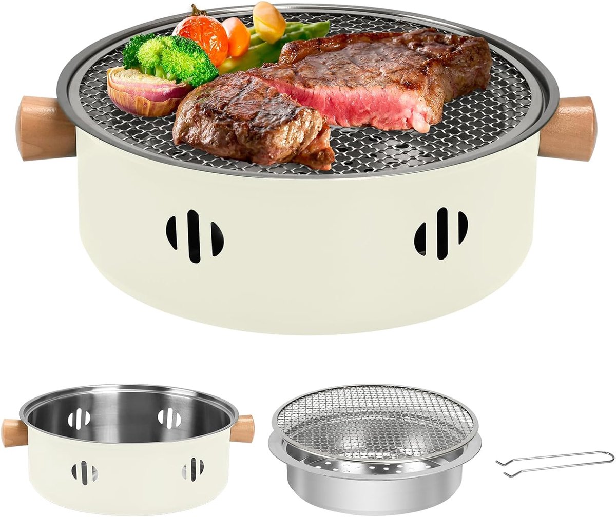 SnelShoppen - Portable Charcoal Grill Mini BBQ Grill voor Binnen en Buiten, Ronde Smookvrije Tafelgrill, Ideaal voor Feest, Camping, Tuin, Beige