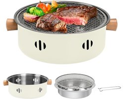 SnelShoppen - Portable Charcoal Grill Mini BBQ Grill voor Binnen en Buiten, Ronde Smookvrije Tafelgrill, Ideaal voor Feest, Camping, Tuin, Beige
