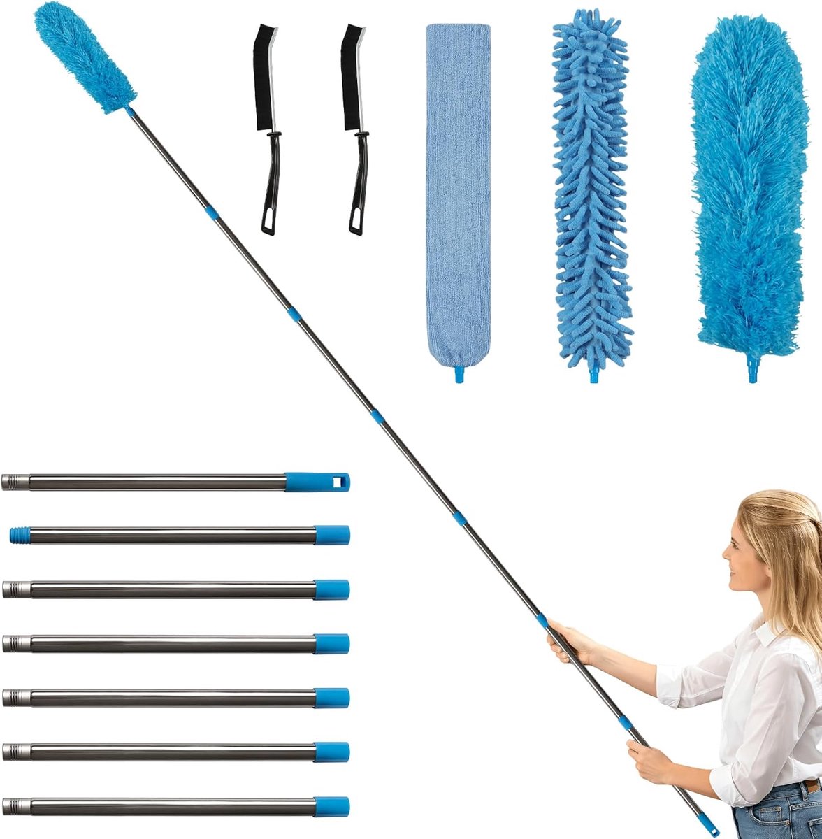 SnelShoppen - Telescopische Duster 310 cm 5-delig Set - Wasbaar - Flexibele Hoekbezem en Chenille Duster voor Onderbanken, Meubels, Plafondventilatore
