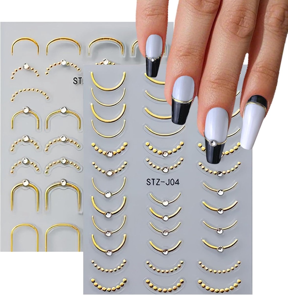 SnelShoppen - 5D Geëmbosseerde Nagelstickers met Strass - 2 Pcs Gouden Franse Lijnen Golf Nageldecoraties voor Elegante Manicure