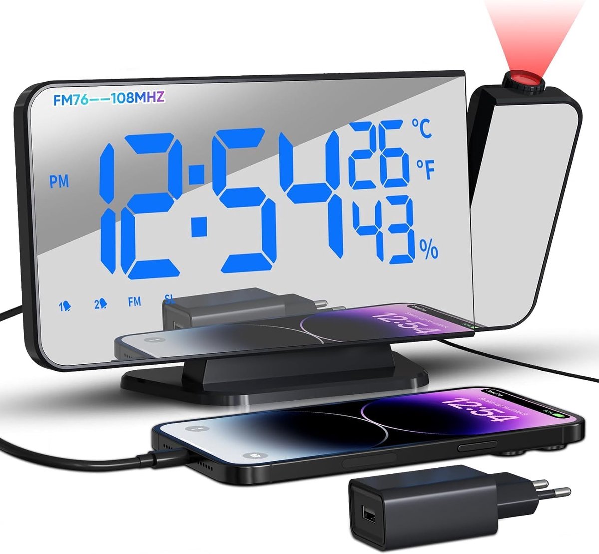 SnelShoppen - Digitale Projectie Alarmklok met USB Poort, Dual Alarm, Radio, 5.5 inch LED Display, 180° Projector, 4 Helderheidsstanden, 12/24 Uur Wee