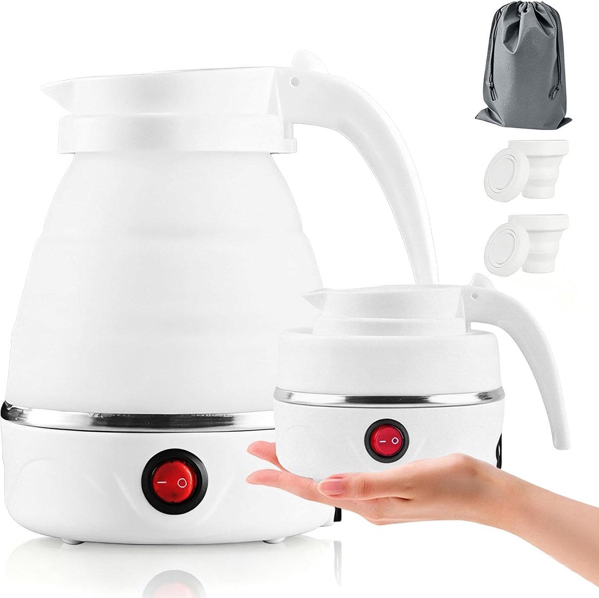 SnelShoppen - Vouwbare Reis Waterkoker 0.6L met RVS Basis en Siliconen voor Camping, Hiking, Outdoor, Multi-Color (Wit) - 750W Compact en Lichtgewicht