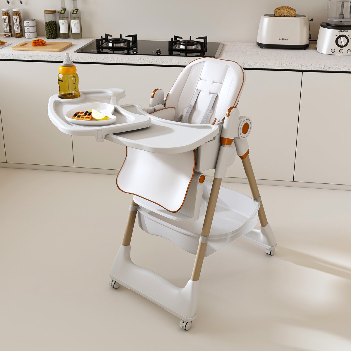 OKWISH Kinderstoel – Verstelbaar En Opvouwbaar – 53 x 76 x 95 cm – Polypropyleen En Staal – Wit – Met Dienblad En Wielen