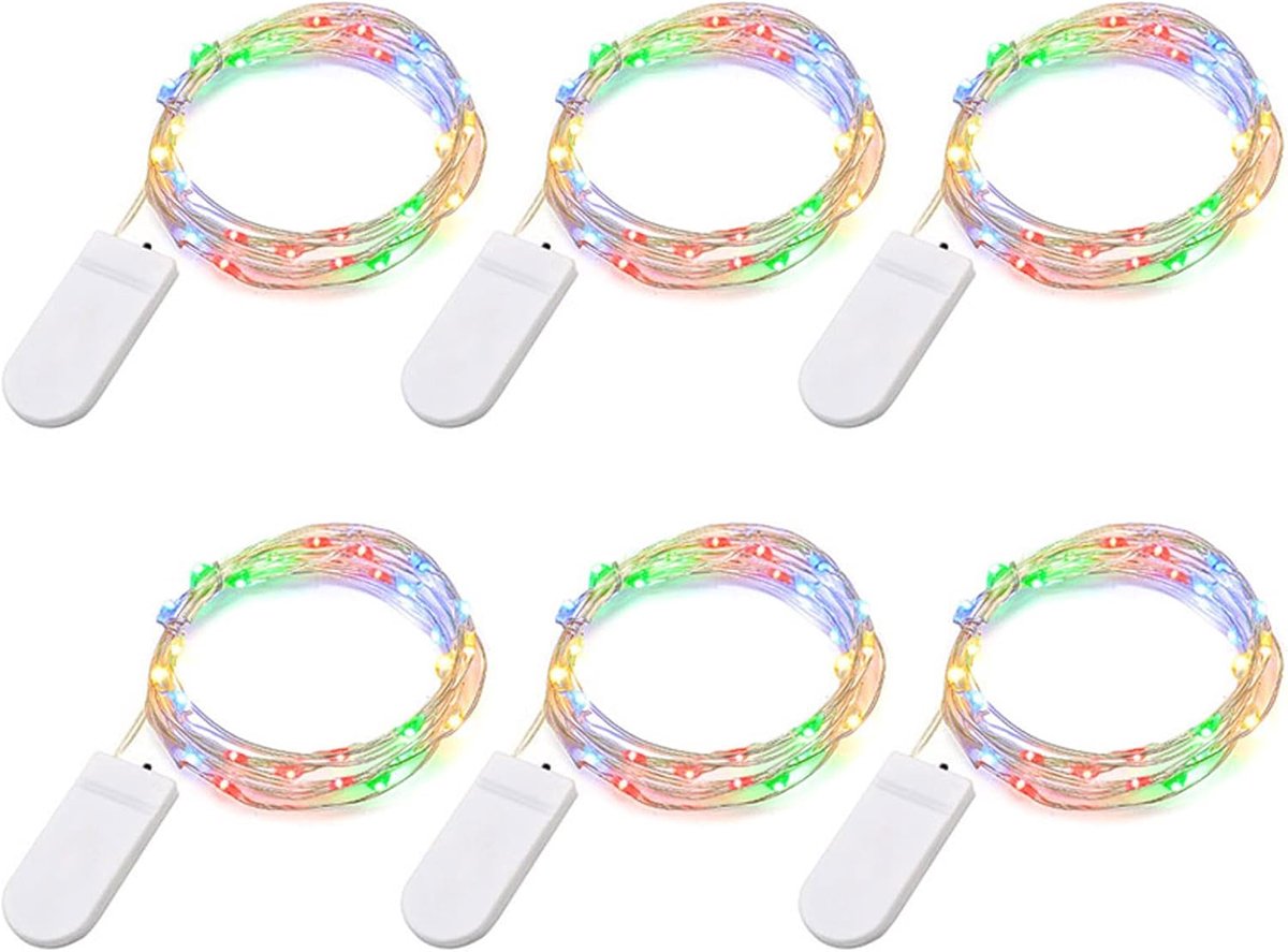 SnelShoppen - LED Fairy Lights - 2 Meters, 20 LEDs, Flexibele Micro Silver Wire, CR2032 Batterijen Inbegrepen, Multi-Colour Set van 6 voor Kerst, Brui