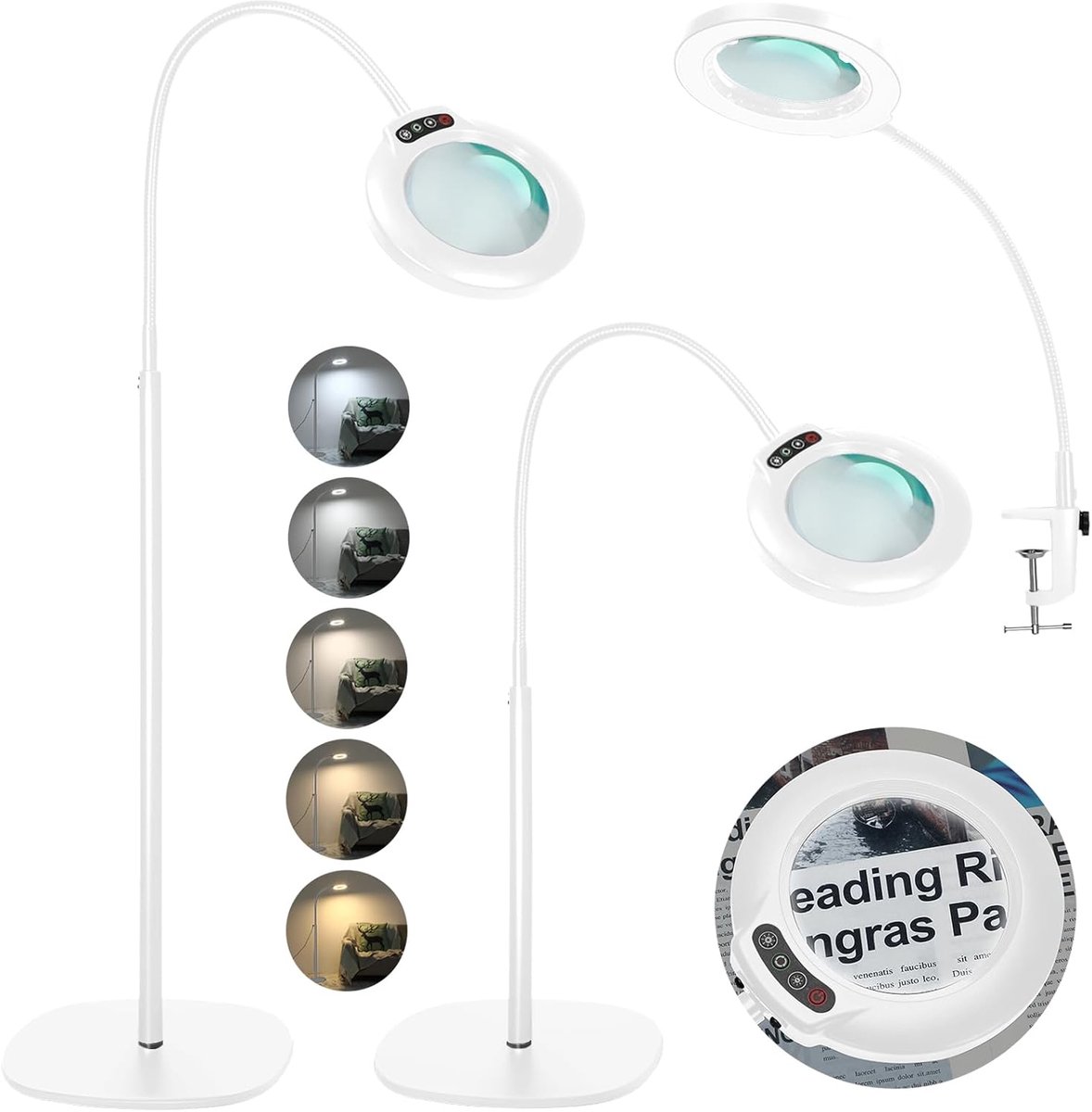 SnelShoppen - 12X Vergrootglas met Verlichting, 24" Flexibele Zwanenhals, 5 Kleurmodi Traploos Dimbaar, Staande Lamp voor Lezen, Knutselen en Hobby's