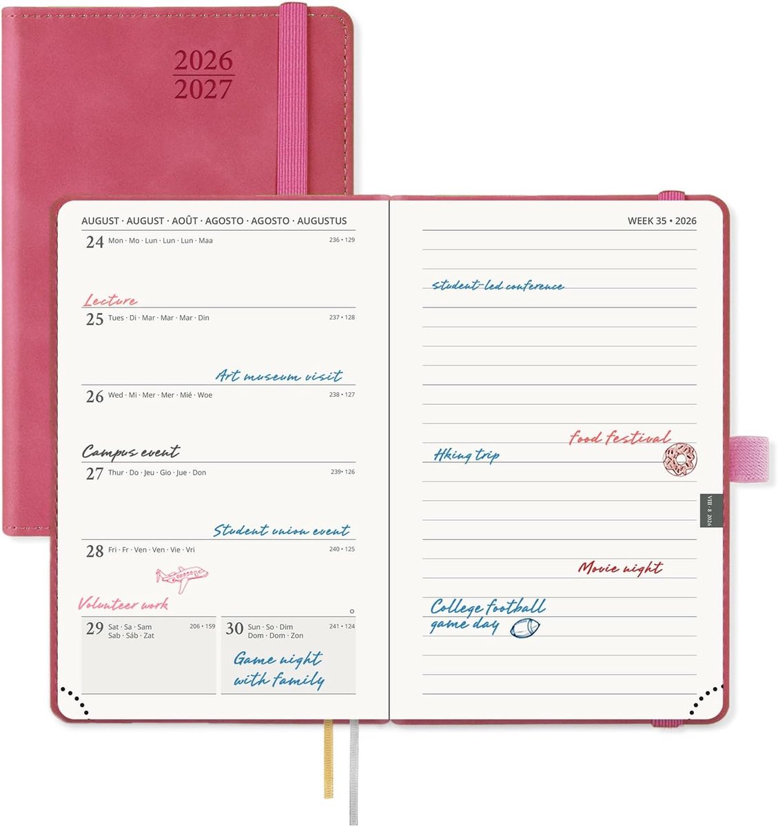 SnelShoppen - Agenda Pocket 2026 2027 A6 Weekplanner Notitieboek Fuchsia Klein Formaat 16 x 10,5 cm Zachte PU Lederen Kaft 80 GSM voor School en Werk